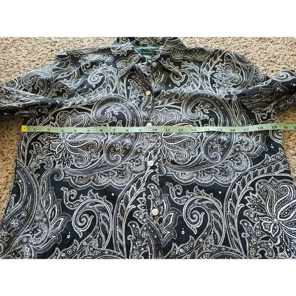 Ralph Lauren Chaps Shirt Top Womens Petite Medium Black White Paisley Button - Picture 5 of 7